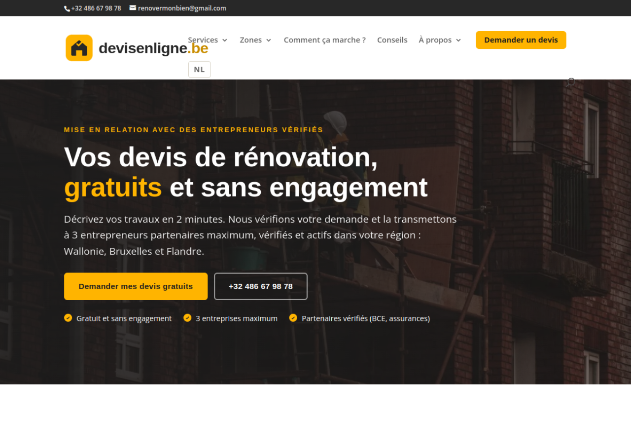 Capture d’écran du site Devis en ligne